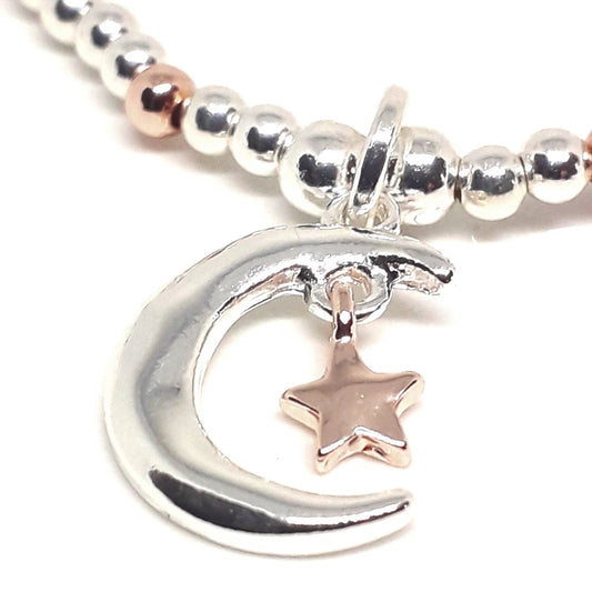 Moon and Star Charm Bead Bracelet